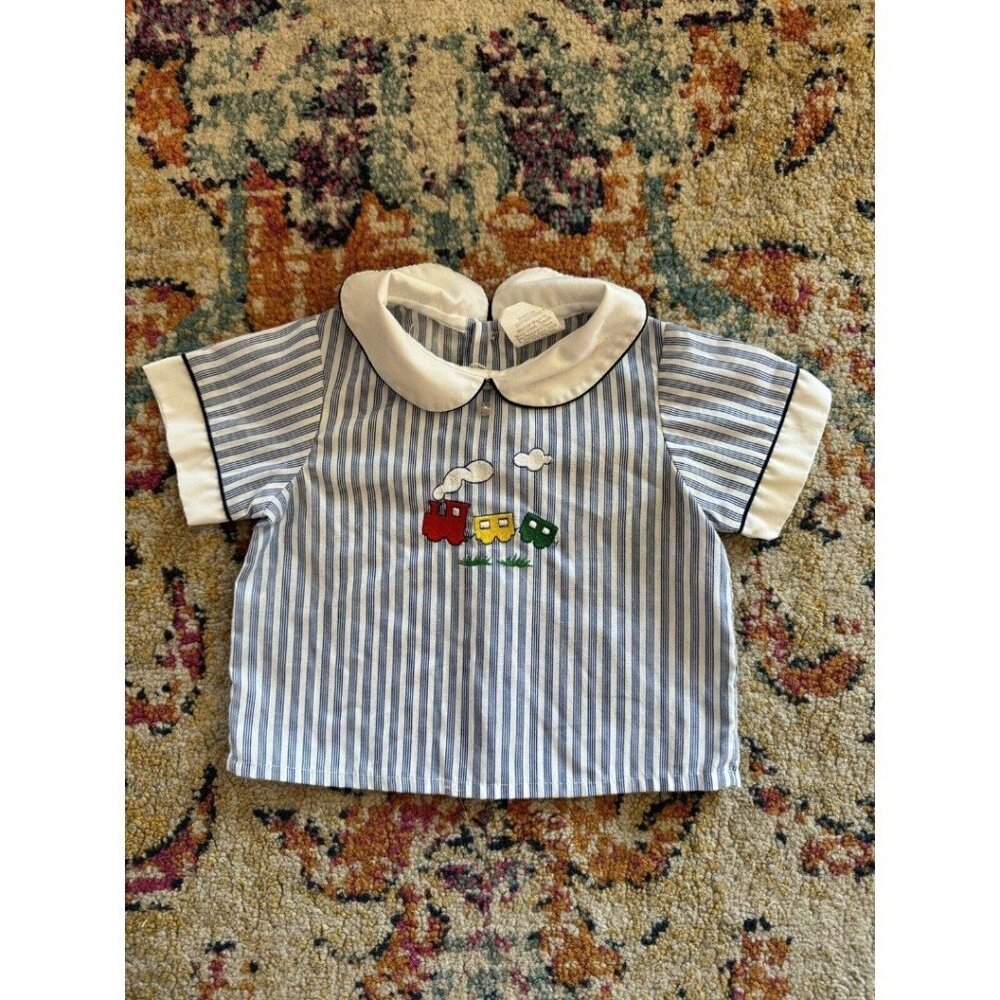 Vintage Baby Pinstripe Train Peter Pan Collar Shirt